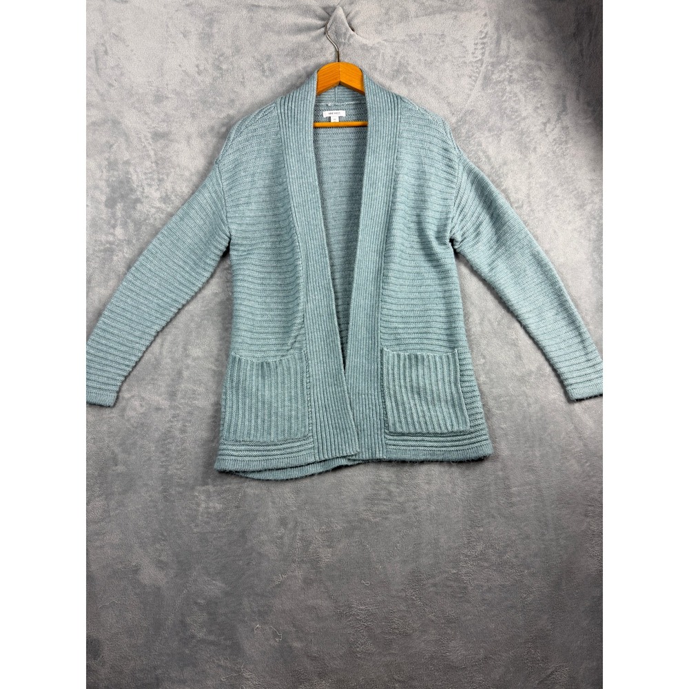 Nine West Womens M Blue Open Front Cardigan Shawl Collar Ribbed Knit Sweater